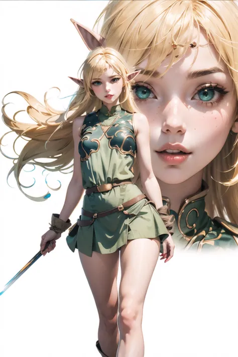 anime girl with sword and green dress with long blonde hair