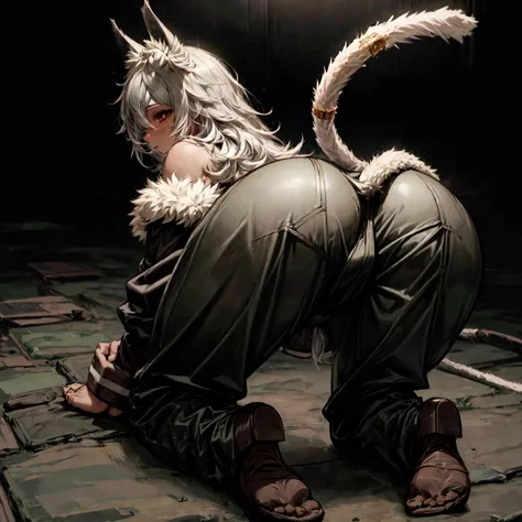 anime character with cat tail sitting on floor in dark room