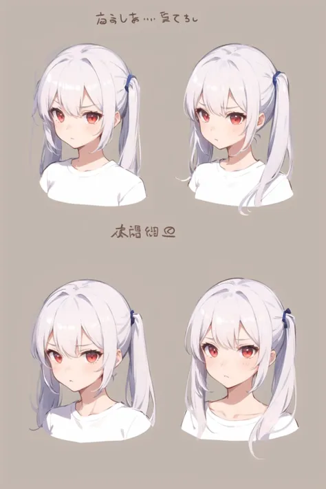 1girl, casual clothes, t-shirt, twintails, longhair, short sleeves, white hair, red eyes, expressions, reference sheet, facing v...