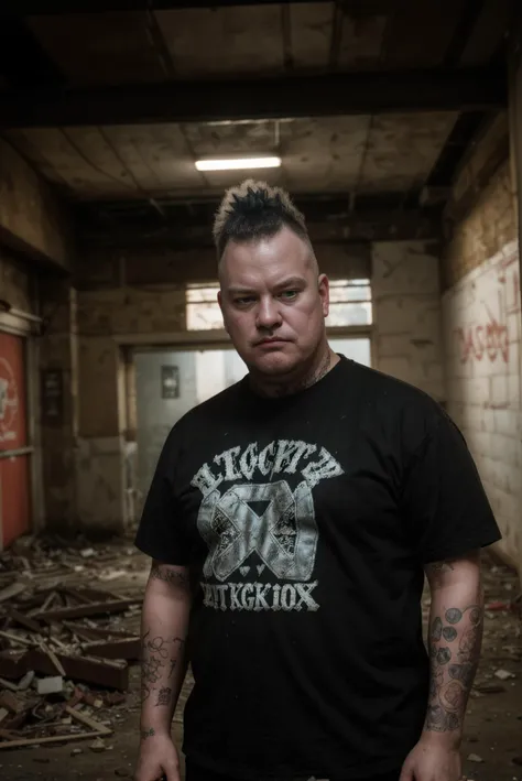 (raw, analog photo),midshot of brutal 40yo fat punk rocker man,punk attire with grindcore logo,in abandoned building,highly detailed,low lighting,red keylight,intense volumetrics,(filmstill from SLC Punk),by Corinne Day,<lora:detailed_eye-10:1>,