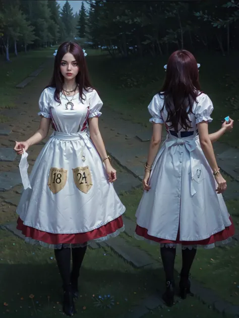 two women in white dresses are standing in a park