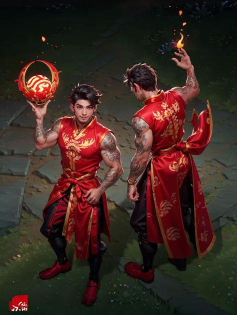 two men in red outfits holding fire balls and a fire ball