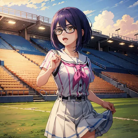 masterpiece,highres,high quality,extremely detailed,solo,baseball ground,outdoors,
<lora:0849Hsakagami:0.9>,sakagami,
eyewear,white baseball_uniform,sailor_collar,pink vertical-striped,pleated skirt,