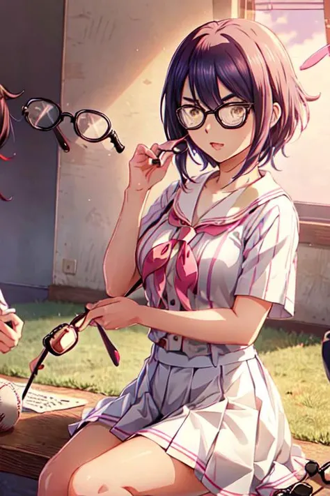 <lora:#0849Hsakagami:1>,sakagami,white baseball_uniform,pink vertical-striped,pleated skirt,sailor_collar,(whitetinted eyewear:1.5),(opaque_glasses:1.5),