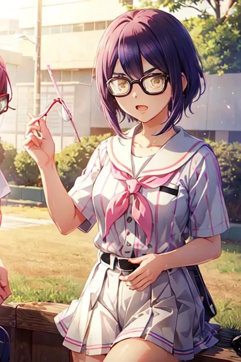 <lora:#0849Hsakagami:1>,sakagami,white baseball_uniform,pink vertical-striped,pleated skirt,sailor_collar,(whitetinted eyewear:1.5),opaque_glasses,