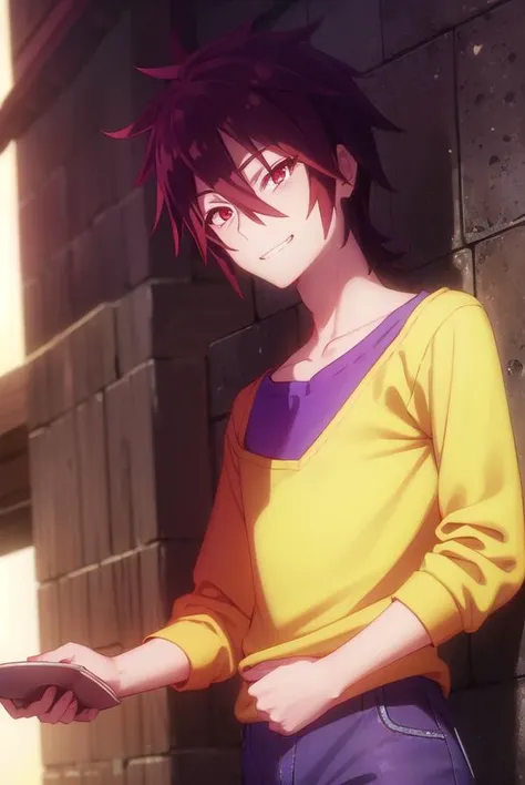 ngnlsora, <lora:ngnl sora s1-lora-nochekaiser:1>, 
sora, black hair, male focus, spiked hair, (red eyes:1.3), smile, grin,
BREAK shirt, pants, yellow shirt, raglan sleeves,
BREAK indoors,
BREAK looking at viewer, (cowboy shot:1.5),
BREAK <lyco:GoodHands-be...