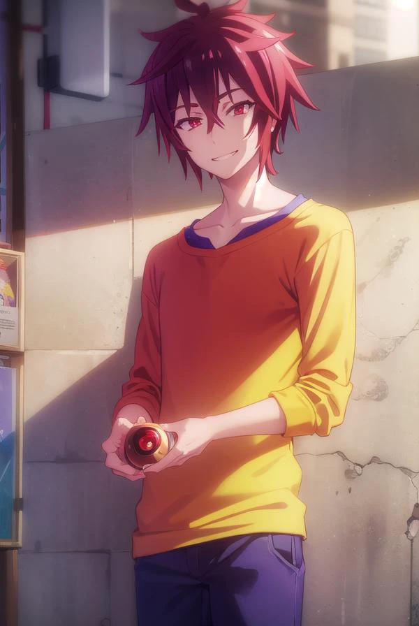 ngnlsora, <lora:ngnl sora s1-lora-nochekaiser:1>, 
sora, black hair, male focus, spiked hair, (red eyes:1.3), smile, grin,
BREAK shirt, pants, yellow shirt, raglan sleeves,
BREAK indoors,
BREAK looking at viewer, (cowboy shot:1.5),
BREAK <lyco:GoodHands-be...