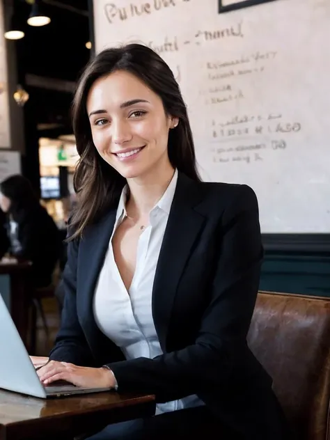 1girl, sitting in a bustling cafe in new york city, portfolio, laptop, brunette, expensive business suit, smile
<lora:cynthia-sy...