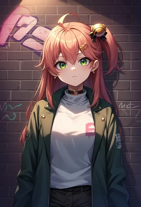 score_9, score_8_up, source_anime, 1girl, solo, SakuraMiko, long hair, ahoge, one side up, hair bell, earrings, sharp eyes, choker, neon shirt, open jacket, turtleneck sweater, night, against wall, brick wall, graffiti, dim lighting, alley, looking at view...