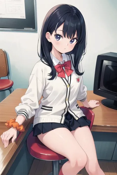 masterpiece, best quality,ultra detail, girl,aarikka,long hair,bangs,school uniform,red bowtie,white cardigan,white shirt,long sleeves,wrist scrunchie,orange scrunchie,black skirt,socks,red socks, <lora:takarada_rikka:0.7>,thrift shop ,bar counter,chair,re...