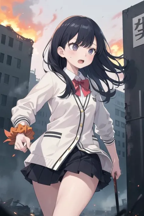 masterpiece, best quality,ultra detail, girl,aarikka,long hair,bangs,school uniform,red bowtie,white cardigan,white shirt,long sleeves,wrist scrunchie,orange scrunchie,black skirt, <lora:takarada_rikka:0.7>,broken city,fire,run away,tear,open mouth