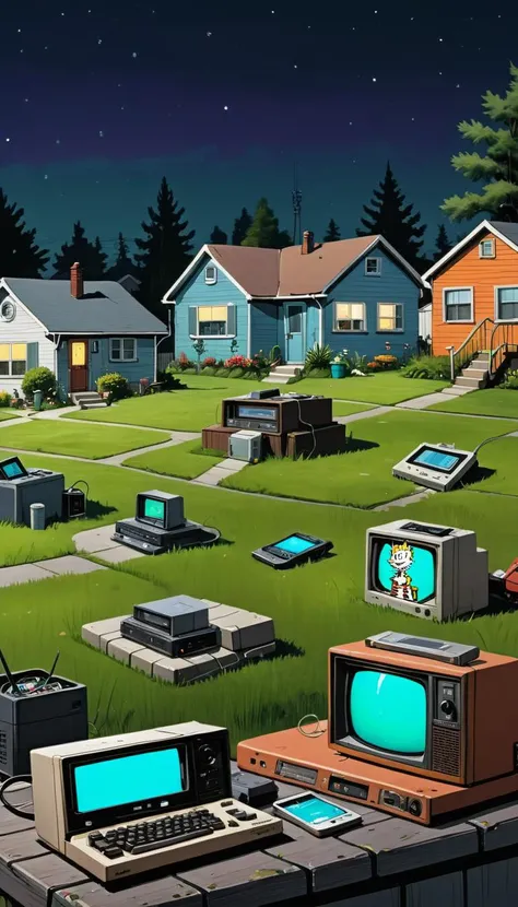 <lora:Everly_Heights_Backgrounds_New_Settings:1> A suburban neighborhood at night with various old electronic devices including a television with Calvin and Hobbes on it with houses in the background, vibrant, background art.