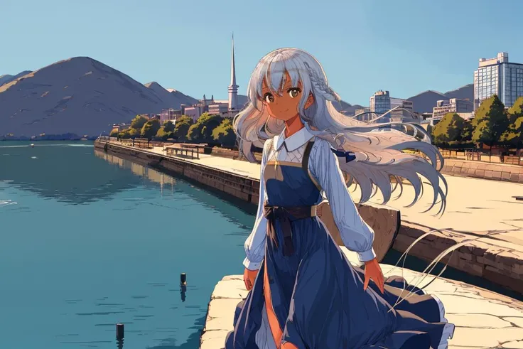 1girl,best quality,(blue:0.2) cute dress,[:(brown skin:1.2):0.3],[:(white hair:1.2):0.3],[:dark brown eyes:0.3],long himecut hair,(looking away:0.5),walk by the lake,smile and wave,cowboy shot,mirage city,looking at viewer<lora:ligneClaireStyleCogecha_v40:...