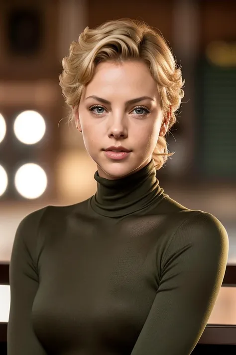 photo of extremely sexy (emb_ctheron:0.99), a woman as a sexy student, closeup portrait upsweep updo, (Army Green tight long sleeve turtleneck top), at a cantina sitting bar (masterpiece:1.5) (photorealistic:1.1) (bokeh) (best quality) (detailed skin textu...