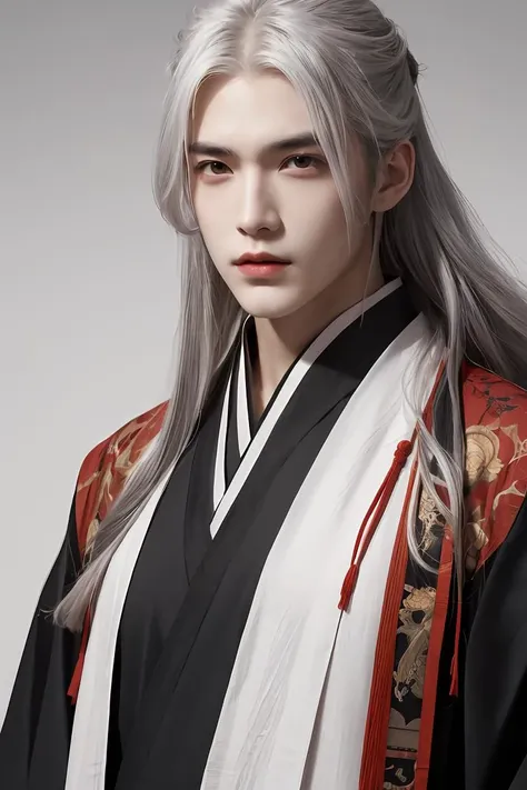 hanfu,masterpiece,best quality,highres,Man with long white hair,young,Handsome face,(Lateral face),<lora:GFman-000002:0.8>