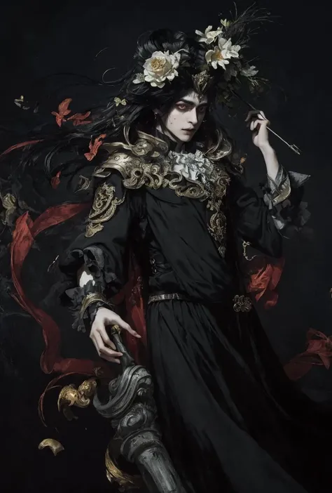 Male, lonely, ethereal, monotonous, silent, helpless, weightless hair, weightless clothes, floating feeling, darkness, (no light source), black smoke background, dim exposure
((Fair skin: 1.5)),
         (Long black hair: 1.5), (Wavy hairstyle), Messy hair...