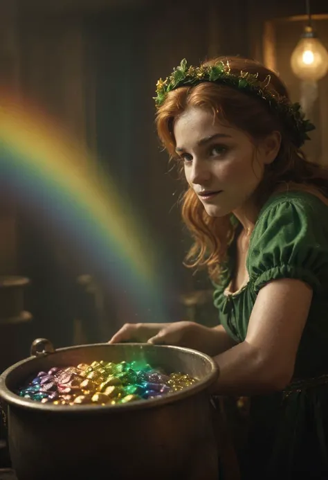 Irish leprechaun Lady slides over a Rainbow sledge into a Pot full of gold,
very detailed, atmospheric haze, Film grain, cinematic film still, shallow depth of field, highly detailed, high budget, cinemascope, moody, epic, OverallDetail, gorgeous, 2000s vi...