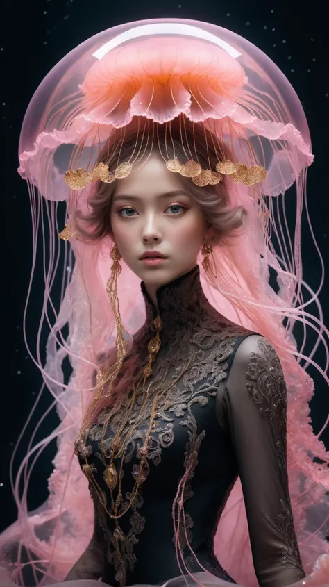 photo RAW, (Black and pink : Portrait of a ghostly jellyfish, shiny aura, highly detailed, gold filigree, intricate motifs, organic tracery, by Android jones, Januz Miralles, Hikari Shimoda, glowing stardust by W. Zelmer, perfect composition, smooth, sharp...