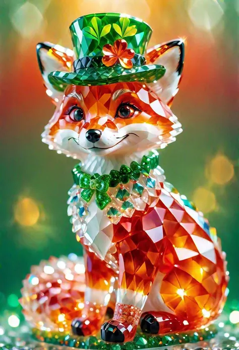 cs-cr1stal-v2, a cute red fox made of crystals wearing st. patricks day clothes and hat for the celebration, bokeh blur background, detailed, masterpiece, 8K resolution