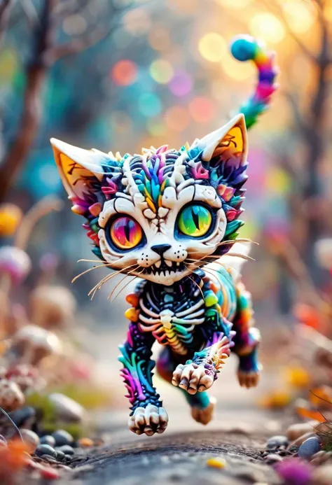 a cute colorful chibi skeleton cat running toward the viewer, bokeh blur background, insanely intricate details, (masterpiece), breathtaking natures art work