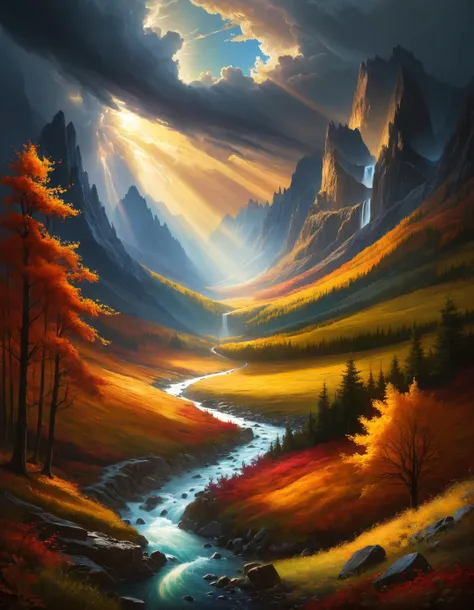 painting of a river runs through a beautiful and colorful fairy tale valley, thick autumn forest, storm, tornado, haze, magic, sun beams, volumetric lighting, beautiful, rich deep colors, painted, intricate, sharp focus, ultra detailed, astrophotography, m...