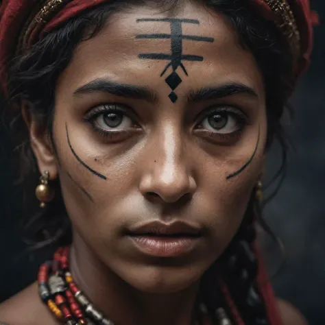 A medium 40mm glamour portrait of a tribal woman, (detailed facial features:0.2), high quality, professional photo, 28mm, (intricate detail), ((incredibly detailed skin:0.38)), Surreal Harmony, cinematic, lighting, 8K, HDR10, analog,