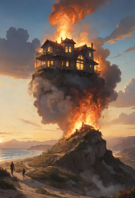 a painting of a house on a hill with a fire coming out of it