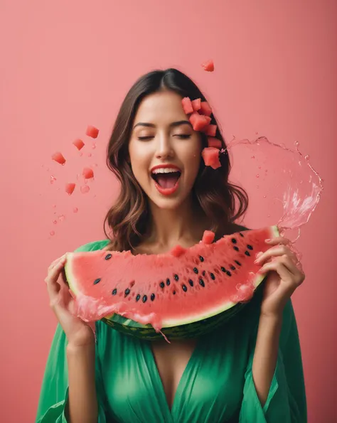 The enchanting young maiden takes a bite into the watermelon, and instantly, the juice bursts forth, creating a delightful spectacle., cinematic shot + dynamic composition, incredibly detailed, sharpen, details + intricate detail + professional lighting, f...