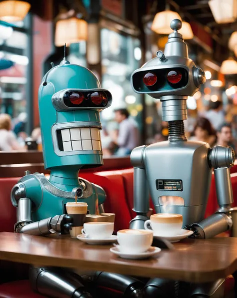 Futurama, Leela, Bender, are seen having a coffee together., cinematic shot + dynamic composition, incredibly detailed, sharpen, details + intricate detail + professional lighting, film lighting + 35mm + anamorphic + lightroom + cinematography + bokeh + le...