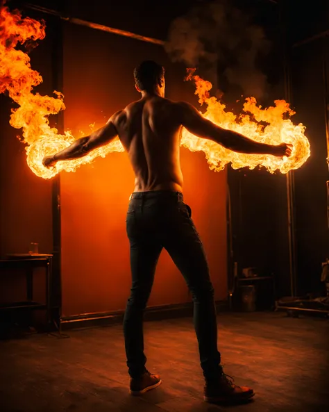 A persons raised buttocks emit a fiery burst of flames while passing gas., photo, studio lighting, sony a7, 35mm, hyperrealistic, big depth of field, concept art, colors, hyperdetailed, hyperrealistic, (big depth of field), (moody lighting), (ambient light...