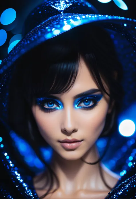 Mysterious macro close-shot of a pixie, her glistening scales reflecting moonlight, deep blue eyes filled with secrets of the deep lakes,water droplets on her skin shimmering like diamonds, masterpiece, best quality, (intricate details), (****), eldritch, ...