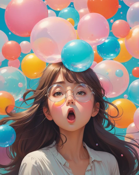 A beautiful girl blows a bubble, (Studio ghibli style, Art by Hayao Miyazaki:1.2), Anime Style, Manga Style, Hand drawn, cinematic sensual, Sharp focus, humorous illustration, big depth of field, Masterpiece, concept art, trending on artstation, Vivid colo...