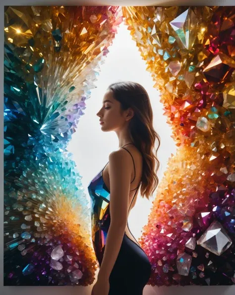 A girl within a prism of colorful crystals., RAW Photo, G-Master Lens, Photorealistic, Hyperrealistic, Hyperdetailed, analog style, natural light, studio lighting, soft lighting, realistic, heavy shadow, masterpiece, best quality, ultra realistic, 8k, gold...