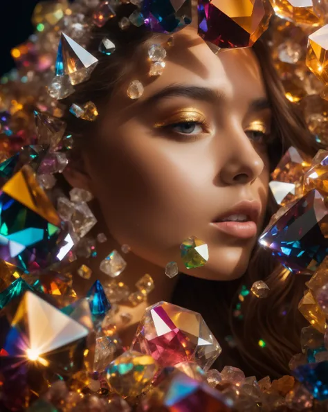 A girl within a prism of colorful crystals., RAW Photo, G-Master Lens, Photorealistic, Hyperrealistic, Hyperdetailed, analog style, natural light, studio lighting, soft lighting, realistic, heavy shadow, masterpiece, best quality, ultra realistic, 8k, gold...