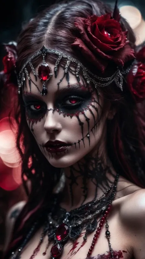 Grunge style,  beautiful naked goddess of death, body intricately decorated with black and diamonds, deep red rubies, shiny, penetrating, dark and gloomy look, masterpiece, cinematic, bokeh, film grain, 1.8, 24 mm lens