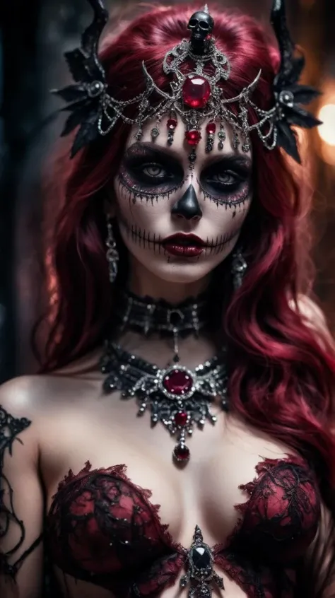 Grunge style, naked, beautiful goddess of death, body intricately decorated with black and diamonds, deep red rubies, shiny, penetrating, dark and gloomy look, masterpiece, cinematic, bokeh, film grain, 1.8, 24 mm lens