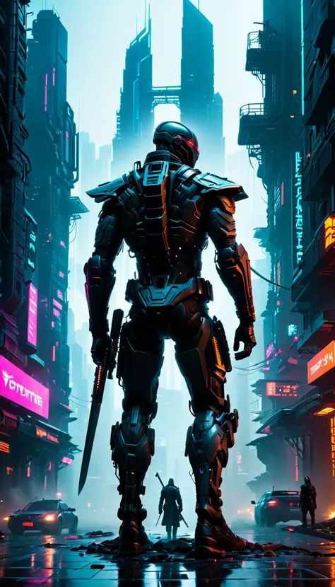 concept art of cyberpunk greatest scene, full exoskeleton,  cyberpunk cityscape, standing in street, against a black background, menacing expression, holding katana, ancient tower of babylon, blame, cyber world, Cinematic Lighting, rim lighting, smooth, ci...