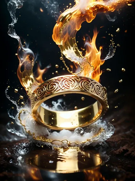 cinematic photo warped gold ring floating in the air, electric atmosphere, leaving a trail of destruction as it drops to earth, celtic markings, intricate filigree patterns, fiery, steam, smoke, water splash, shockwave, ripples, puddle reflections  <lora:x...