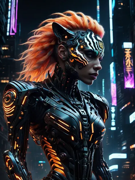 biomechanical beautiful cyberpunk (tiger, borg, woman:0.2), tiger striped flame hair, neon facial markings, looking at camera, full neon exoskeleton, dark floating cyberpunk cityscape at night, against a black background, dark theme, dark future, hyper dim...