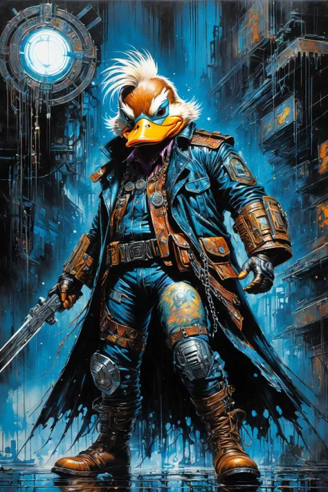 90s style cyberpunk dystopian painting, Howard the Duck as a  CyberPunk Bounty Hunter, tattered flowing cape, ectoplasmic glow, aggressive flying chains hurled toward screen , black and blue cybernetic tattoo,cybernetic arm canon,detailed and intricate env...