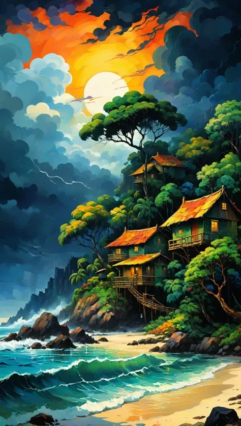 cell Shaded amazing anime scenery wallpaper, vector, Lovely, Stormy, Jungle Village, Vibrant, Stylized, in the style of Paul Cezanne and John Perceval, Masterpiece, Tropical Beach, James Eads, Beksinski, Leonid afremov<lora:xl_more_art-full_v1:0.5>