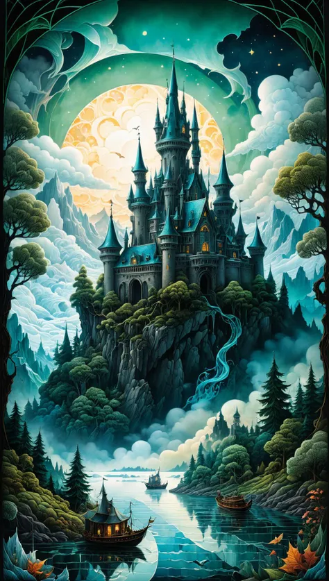 detailed ink, pen and ink, mail art, best quality, detailed epic ice transparent ethereal otherworldly ghost castle in the blue sky, clouds, smoke, fog, detailed landscape, ghost figures, lake, boat, green forest, detailed flying dragon at the sky, detaile...