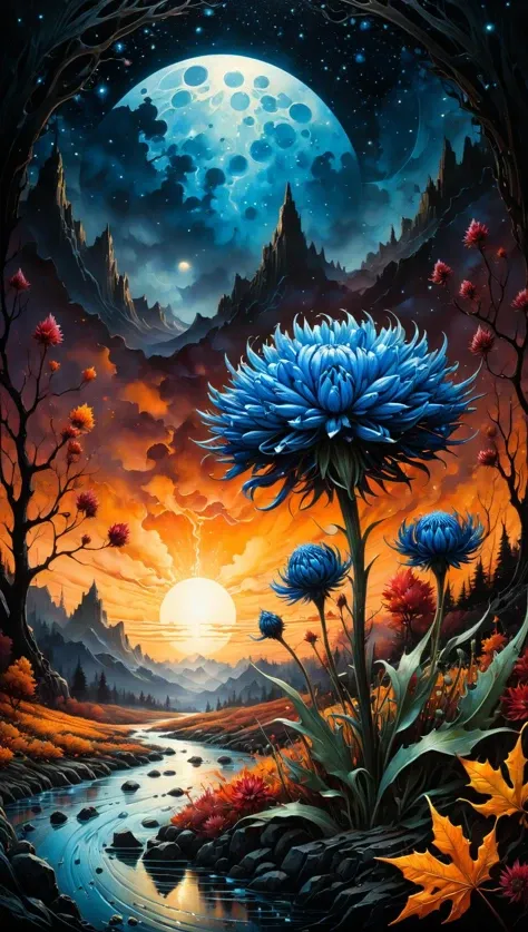 autumn best quality, ink painting, acrylic, cute ice cornflowers, sunrise, by Craola, Dan Mumford, Andy Kehoe, 2d, flat, adorable, vintage, art on a cracked paper, fairytale, storybook detailed illustration, cinematic, ultra highly detailed, tiny details, ...