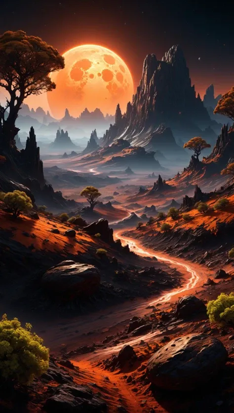 Landscape of a dark far away planet, rock and organic soil, glowing trees, UHD, masterpiece, trending on artstation, sharp focus, studio photo, intricate details, highly detailed, by greg rutkowski<lora:xl_more_art-full_v1:0.5>