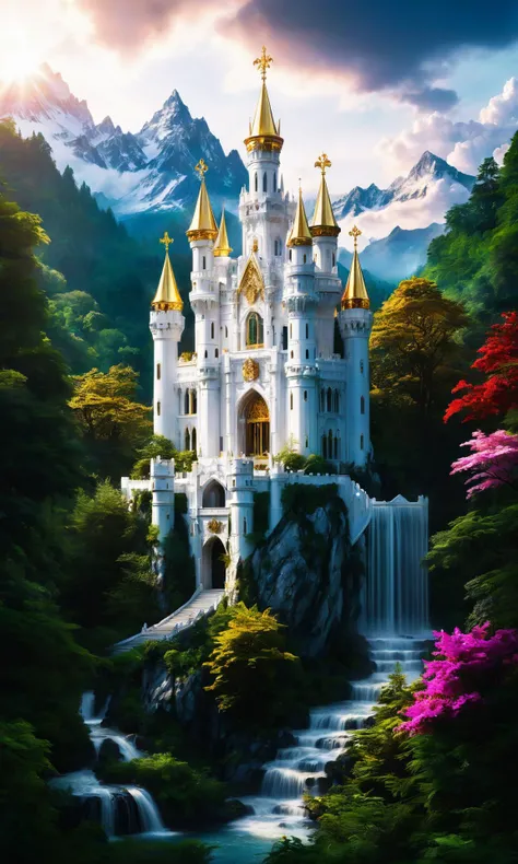 An hyperralistic photo of a futuristic castle made from white marble with an ornate gold crown in the middle and surrounded by lush forest, beautiful dramatic lighting with god rays."A painting at twilight on the mountain side trending on Artstation. 8k HD...