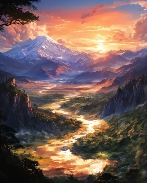 (top-quality, 8K, masterpiece:1.3) , anime landscape, elegant, landscape of a Denali National Park from inside of The Alhambra, Wretched, at Sunset, stylized by Akira Toriyama, L USM, Magic the gathering, anime style, <lora:OverallDetail:2><lora:wowifierV3...