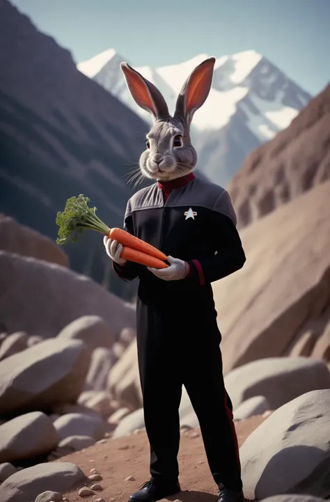 bugs bunny in (ds9st uniform,red neck,grey shoulders,black sleeves:1.3),black jumpsuit,grey shoulders,holding a carrot, mountains,winter,sunny,rocks masterpiece, best quality, soft light, bokeh, real shadow, cinematic, subsurface scuttering, professional p...