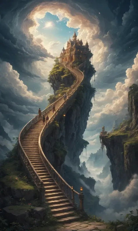 Dreamyvibes artstyle, A surreal depiction of the quest for equality, represented by a vast, ((endless staircase winding through the clouds)), with diverse people climbing together toward a shining, elusive doorway at the top. The scene blends elements of f...