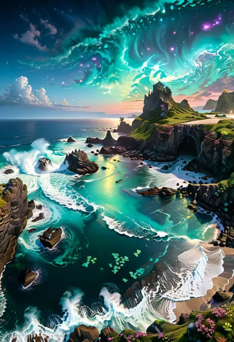 Depict a surreal coastal scene on a distant planet, where jagged cliffs overlook an iridescent ocean. The water glows with bioluminescent creatures, and strange, luminescent seaweed waves gently in the surf. The sky above is filled with swirling galaxies a...