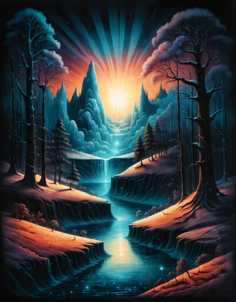 winter, ink painting, acrylic, sunrise, by Craola, Dan Mumford, Andy Kehoe, 2d, flat, cute, adorable, vintage, art, fairytale, storybook detailed illustration, cinematic, beautiful details, mystical, luminism, vibrant colors, complex background, stunning, ...